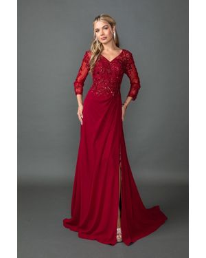 DQ V-Neck Chiffon Prom Dress With Embroidered Bodice, Sheer Three-Quarter Sleeves, And Side Slit Skirt