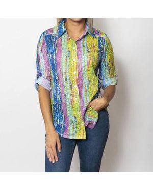 Sno Skins Printed Crinkle Button Shirt Top - Blue