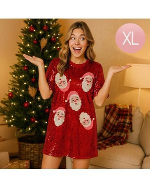 TRUEDAMES Santa Face Pattern Sequin Holiday Long Party Shirt - Red