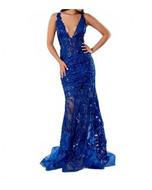 Tella Couture Deep V-Neck Prom Dress - Blue