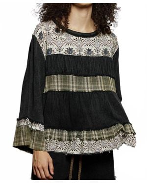 Pol Washed Print Plaid Full Sleeve Top - Black
