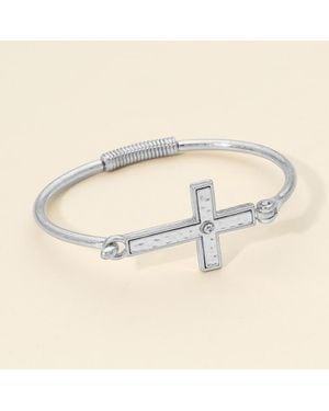 Fashnzfab Stone Center Hammered Metal Cross Bangle Bracelet - Natural