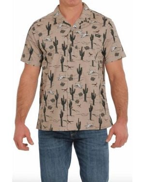 Cinch Cactus Print Short Sleeve Camp Shirt - Blue