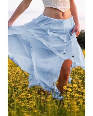 TRUEDAMES Solid Ruffle Drawstring Waist Asymmetry Hem Skirt - Blue