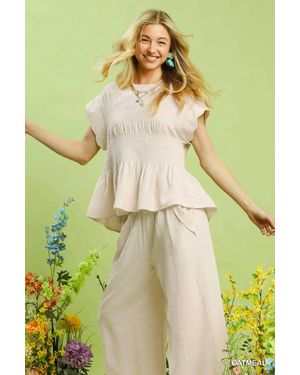 Umgee Linen Blend Smocked Peplum Top - Yellow