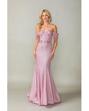 DQ Glitter Gown With Off-Shoulder Sleeves, Lace-Up Corset Back, And Fishtail Train Prom Dress - Pink
