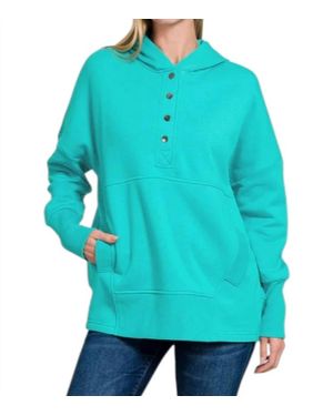 Zenana Fleece Half-Snap Button Hooded Sweatshirt - Blue