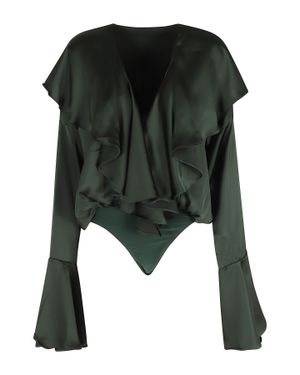 Norma Kamali Long Sleeve Deep V Ruffle Flounce Polyester Bodysuit - Black