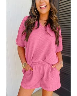 TRUEDAMES Textu V Neck T Shirt And Shorts Set - Pink