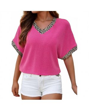 1 the Woman Leopard Trim V-Neck Top - Red
