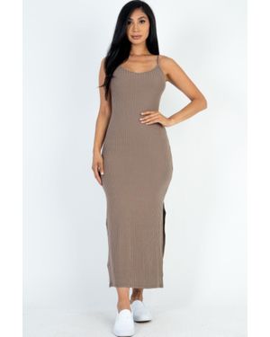 TRUEDAMES Ribbed Side Slit Long Cami Dress - Gray