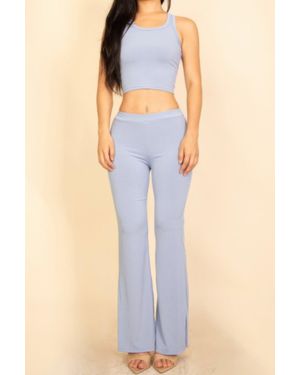 TRUEDAMES Ribbed Sleeveless Crop Top & Flared Pants Set - Blue