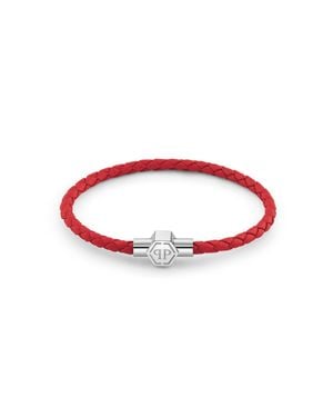 Philipp Plein Leather Stainless Steel Bracelet Plein Tag - Red