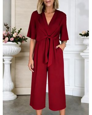 TRUEDAMES V-Neck Tie-Front Short Sleeve Jumpsuit - Red