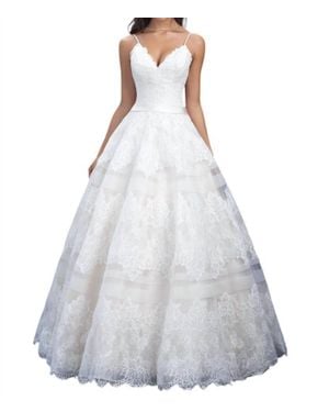 Allure Bridals Lace Ballgown With Sheer Chiffon Stripes - White