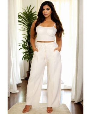 TRUEDAMES Plus Size Bustier Crop Cami Top & Slant Pocket Straight Pants - Natural