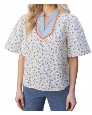 Voya Floral Embroidered Color Block Top - Blue