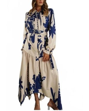 Mulla Maxi Print Uneven Belted Long Dress - Blue