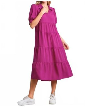 Umgee Tiered Cuffed Sleeve Midi Dress - Pink
