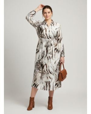 TRUEDAMES Animal Print Belted Button-Front Midi Shirt Dress - Natural