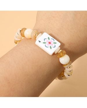 Fashnzfab Mahjong Tile Charm Accent Beaded Stretch Bracelet - Natural