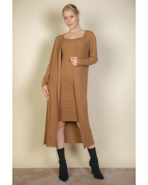 TRUEDAMES Ribbed Cardigan & Cami Midi Bodycon Dress - Natural