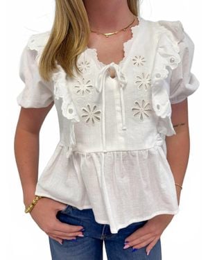 Day + Moon Eyelet Ruffle Tie-Front Peplum Blouse - White