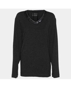 Basler Dark Stretch Knit Ribbon Embellished V Neck Shirt - Black