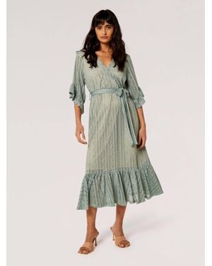 Apricot Lace Ruffle Wrap Midi Dress - Green