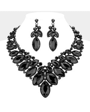 Fashnzfab Marquise Stone Cluster Embellished Evening Necklace - Black