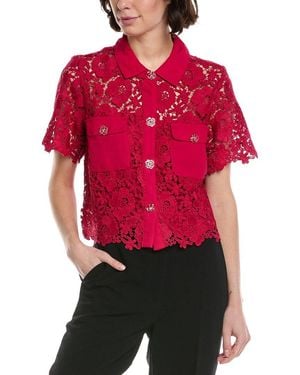 Cece Patch Pocket Button-Down Lace Top - Red