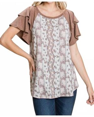 Emerald Collection Floral Paisley Tiered Sleeves Top - Gray