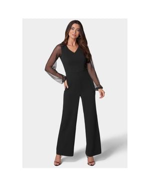 Bebe V-Neck Jumpsuit With Powermesh Sleeve - Black