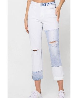 Flying Monkey Color Block Rolled Cuff Boyfriend Jeans - White