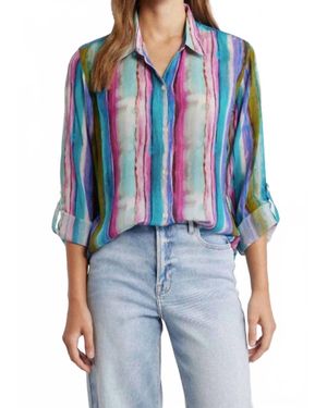 Apny Button-Up With Roll-Up Sleeve Pattern Top - Blue