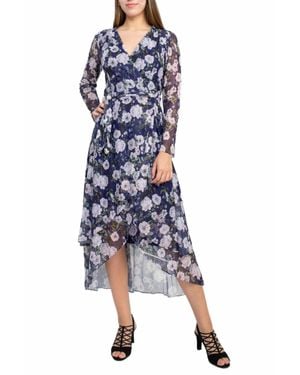 Laundry by Shelli Segal Tie Waist Floral Print Tiered Power Mesh Dress - Blue