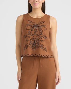 Ellen Tracy Sleeveless Top With Embroidery - Brown