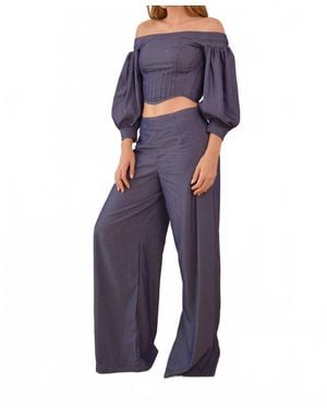 Steffany Milano Camellia Off-Shoulder Crop Top And Pant Set - Blue