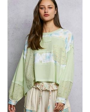 Pol Round Neck Floral Stripe Stitch Knit Top - Green