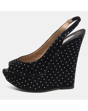 Le Silla Suede Crystal Embellished Wedge Platform Slingback Sandals - Black