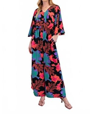 Easel Half Sleeves V-Neck Printed Romper - Red