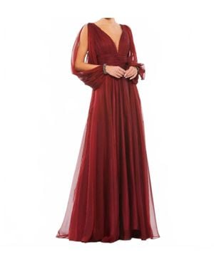 Mac Duggal V-Neck A-Line Chiffon Gown Beaded Cuffs - Red