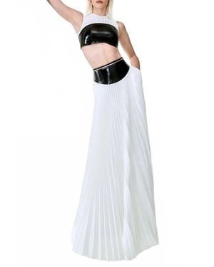 Brandon Maxwell Laurel Leather-Waist Pleated Maxi Skirt - White
