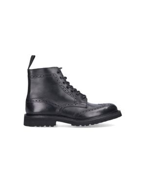 Tricker's Round Toe Brogue Leather Boots - Black