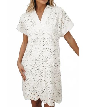 la society Solid Color Eyelet Embroidered T Shirt Mini Dress - White