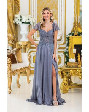 DQ Embellished A-Line Prom Dress Gown With Sheer Sleeves And High Slit - Yellow