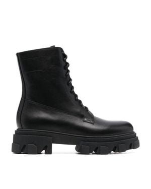 Chiara Ferragni Lace-Up Ridged Sole Leather Ankle Boots - Black