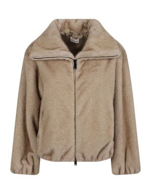 P.A.R.O.S.H. Soft Plush Faux Fur Jacket With Cropped Silhouette And Wide Collar - Brown