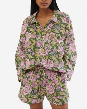 FOLKLOORE Lightweight Cotton Floral Short Pajama Set - Gray