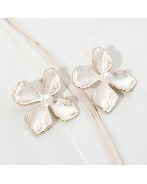 Fashnzfab Pearl Accent Enamel Petal Flower Earrings - White
